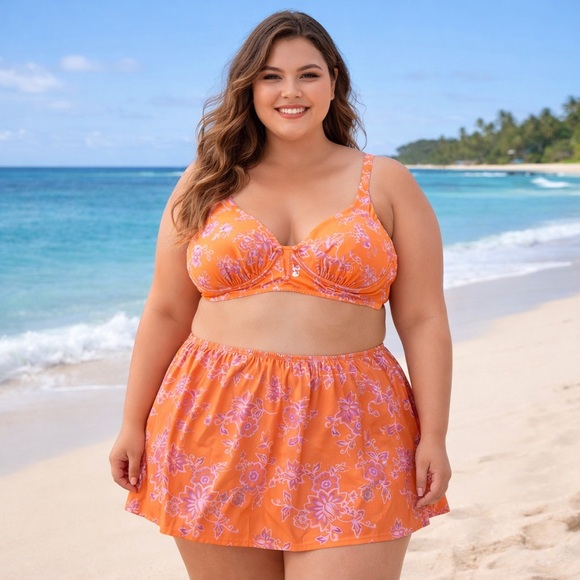 Cacique Swim Set 22/42DD Orange Floral Underwire Bikini Top + Skirtini NWOT - Picture 2 of 13